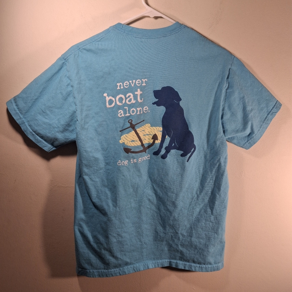 Dog is Good Women's Turquoise Short Sleeve Crew Neck Never Boat Alone Tee M - Picture 2 of 9
